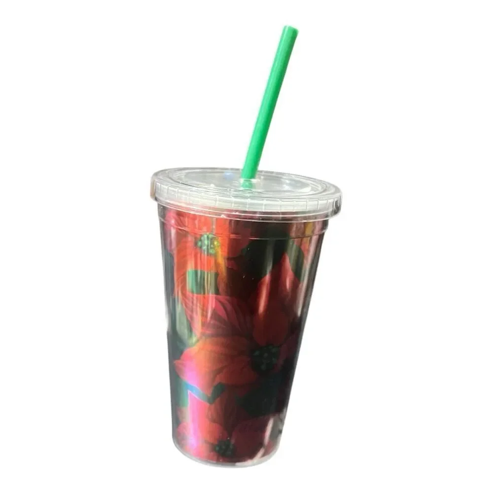 Starbucks Christmas Holiday 2020 Tumbler Poinsettias 16 Oz With Straw Floral‎